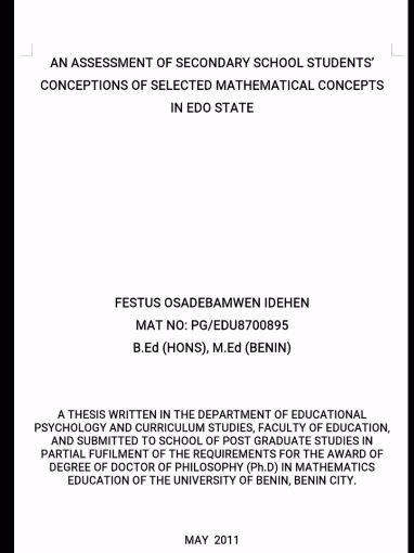 Picture of AN ASSESSMENT OF SECONDARY SCHOOL STUDENTS CONCEPTIONS OF SELECTED MATHEMATICAL CONCEPTS IN EDO STATE
