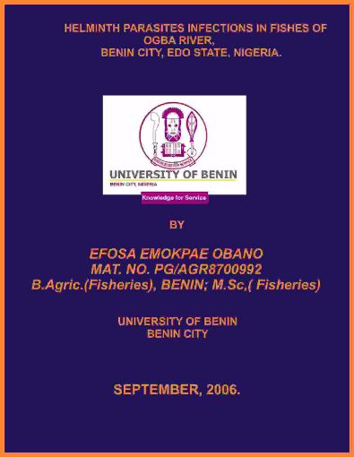 Picture of HELMINTH PARASITES INFECTIONS IN FISHES OF OGBA RIVER,         BENIN CITY, EDO STATE, NIGERIA.