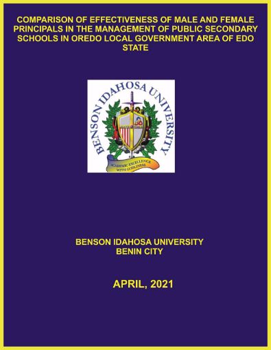 Picture of COMPARISON OF EFFECTIVENESS OF MALE AND FEMALE PRINCIPALS IN THE MANAGEMENT OF PUBLIC SECONDARY SCHOOLS IN OREDO LOCAL GOVERNMENT AREA OF EDO STATE