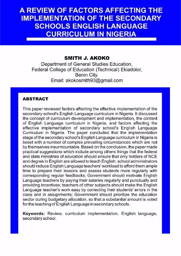 Picture of A REVIEW OF FACTORS AFFECTING THE IMPLEMENTATION OF THE  SECONDARY SCHOOLS ENGLISH LANGUAGE CURRICULUM IN NIGERIA