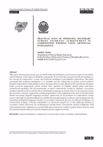 Picture of PRACTICAL WAYS OF IMPROVING SECONDARY  SCHOOL STUDENTS' ACHIEVEMENT IN  COMPOSITION WRITING USING ARTIFICIAL  INTELLIGENCE