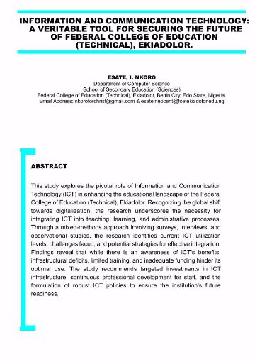 Picture of Information and Communication Technology: A Veritable Tool for Securing the Future of Federal College of Education (Technical), Ekiadolor.