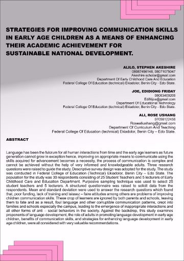 Picture of STRATEGIES FOR IMPROVING COMMUNICATION SKILLS IN EARLY AGE CHILDREN AS A MEANS OF ENHANCING THEIR ACADEMIC ACHIEVEMENT FOR       SUSTAINABLE NATIONAL DEVELOPMENT.